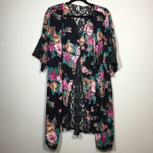 Black with flowers cover up lace floaty duster asymmetrical hem short sleeve XL